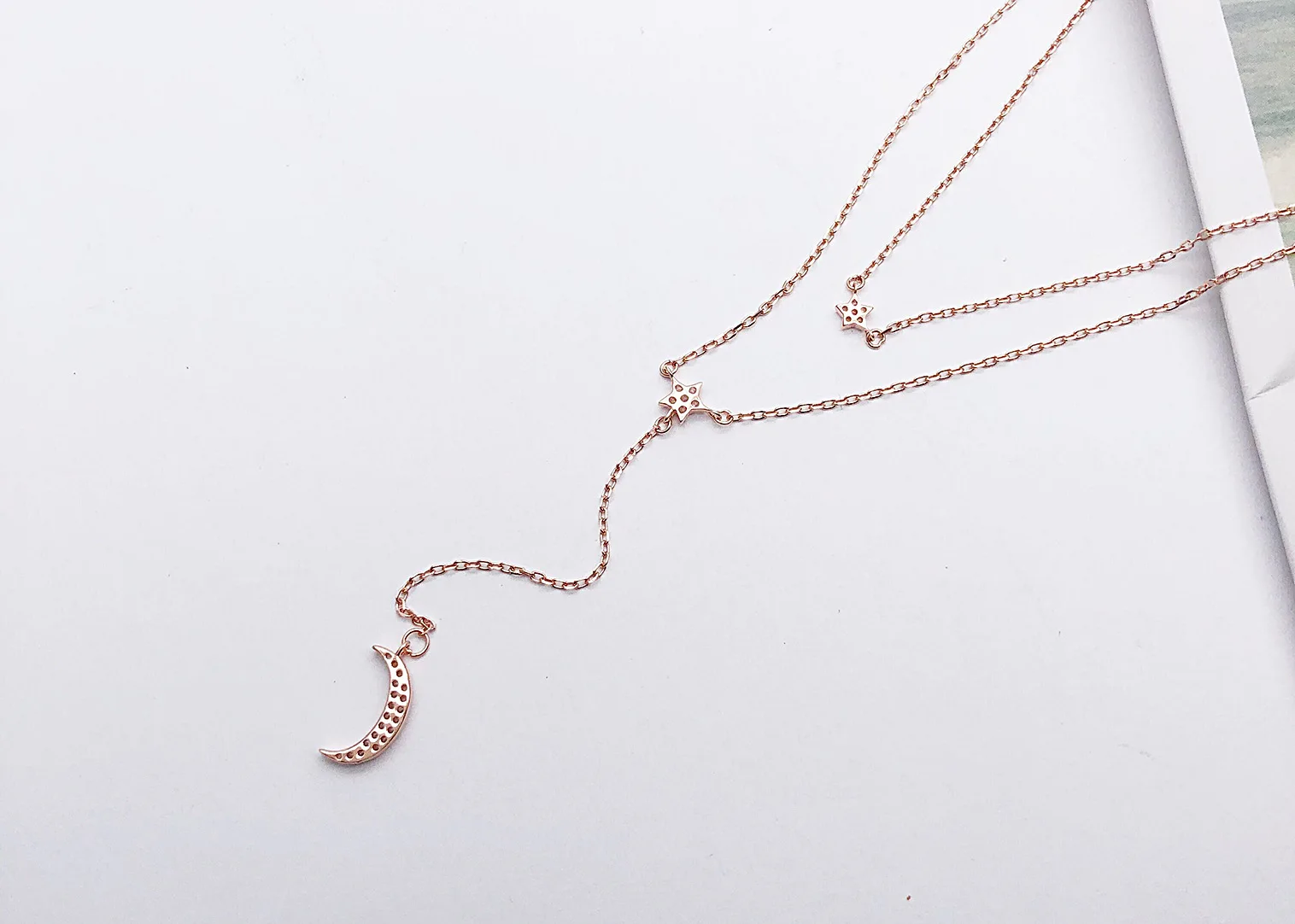 Moon star Двухслойное ожерелье с кисточками для женщин, стерлингового серебра 925 пробы, модное ювелирное изделие, цепочка для ключицы, подарок для женщин