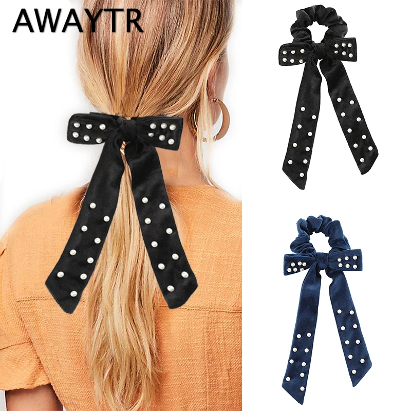 Женская бархатная резинка для волос AWAYTR эластичная лента с жемчужинами