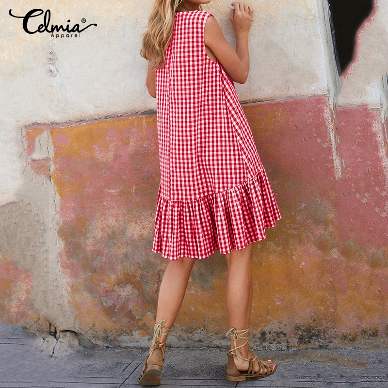 Женское богемное платье Celmia без рукавов с оборками вечерние клетчатые платья