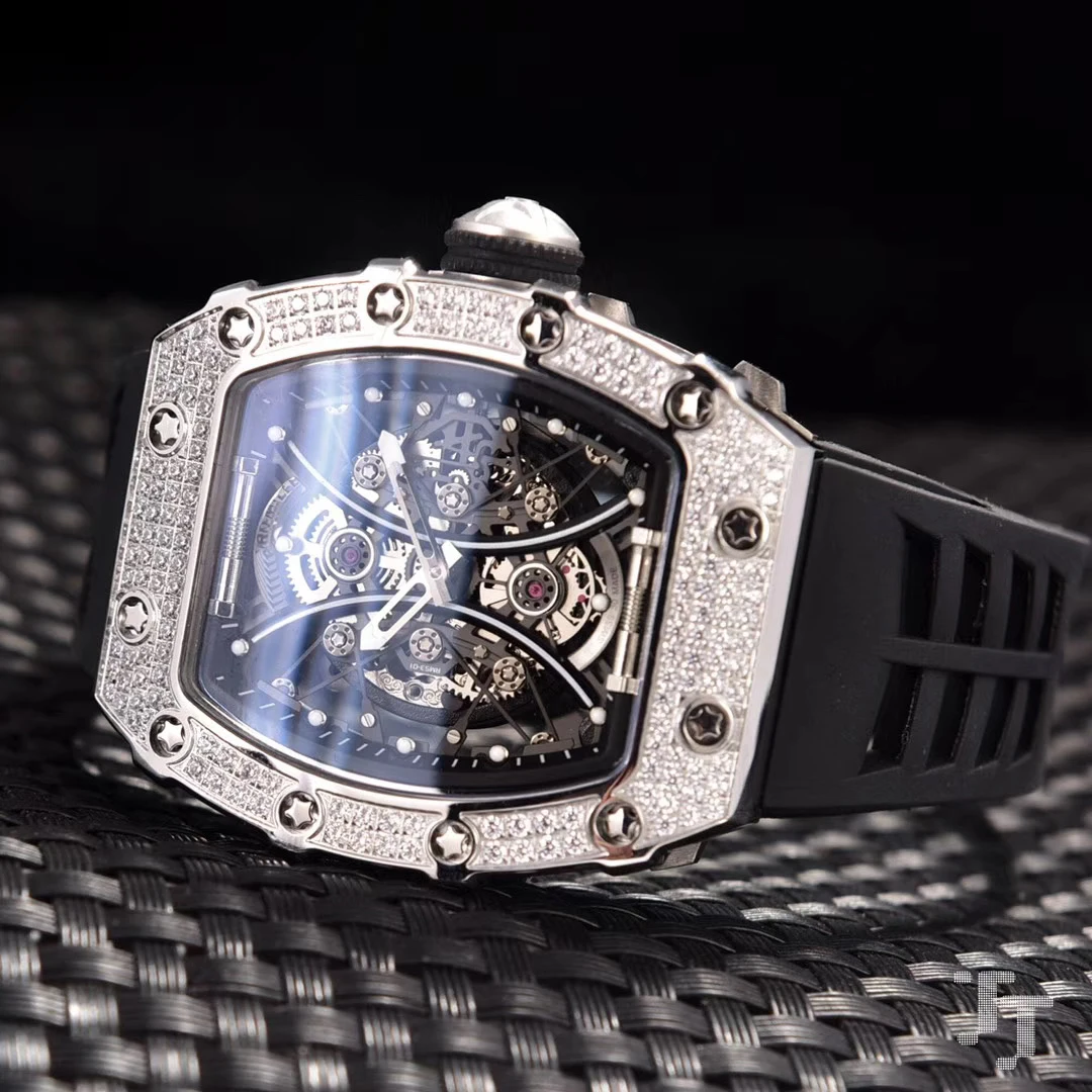 

New Black Rubber Men Watch Sapphire Automatic Mechanical Rose Gold Red Blue Tourbillion Full Iced Diamonds 904L Steel