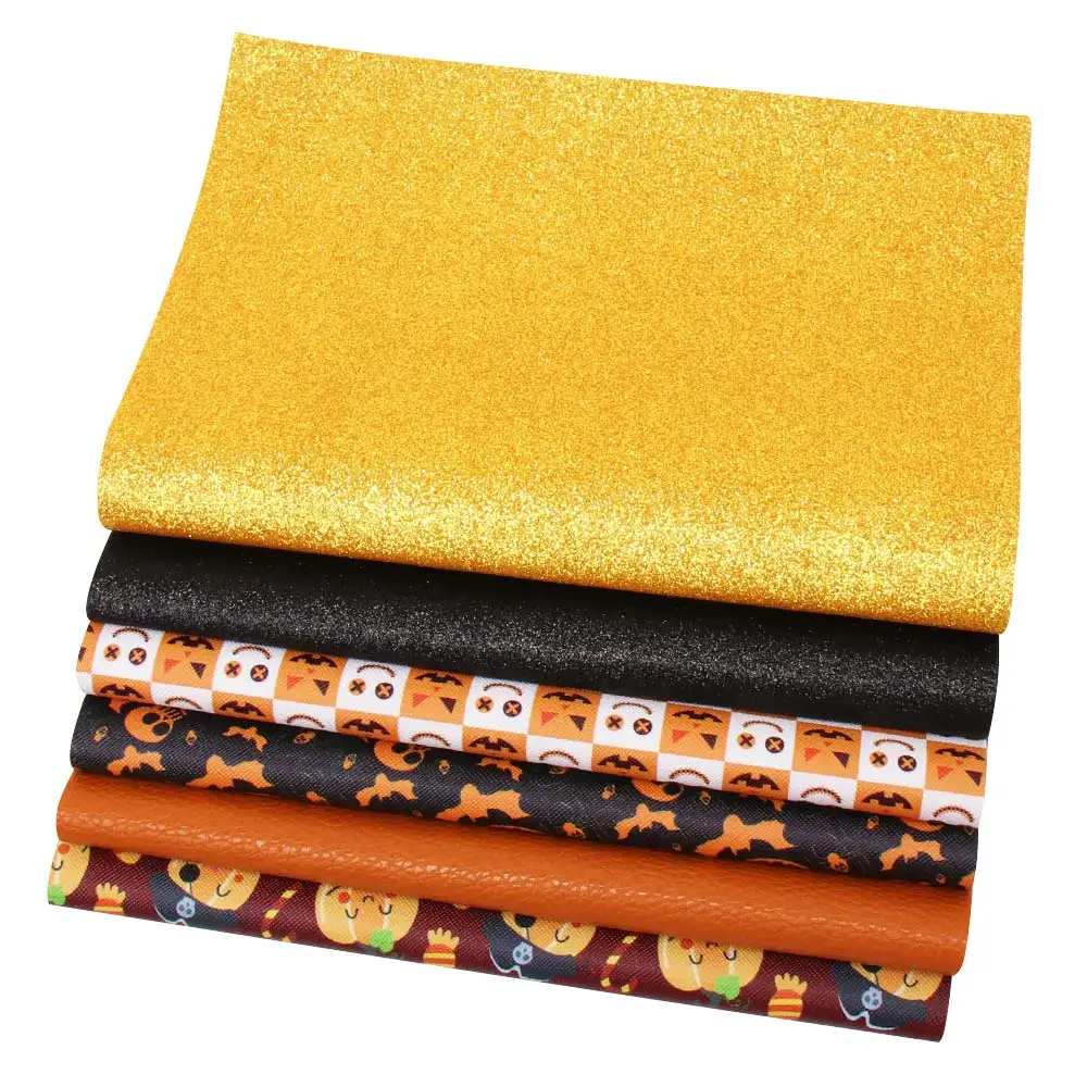 

Xugar 6pcs 22*30cm Halloween Synthetic Leather Sheet Glitter Fabric Faux Leather for DIY Hair Bow Bags Accessories Crafts Fabric