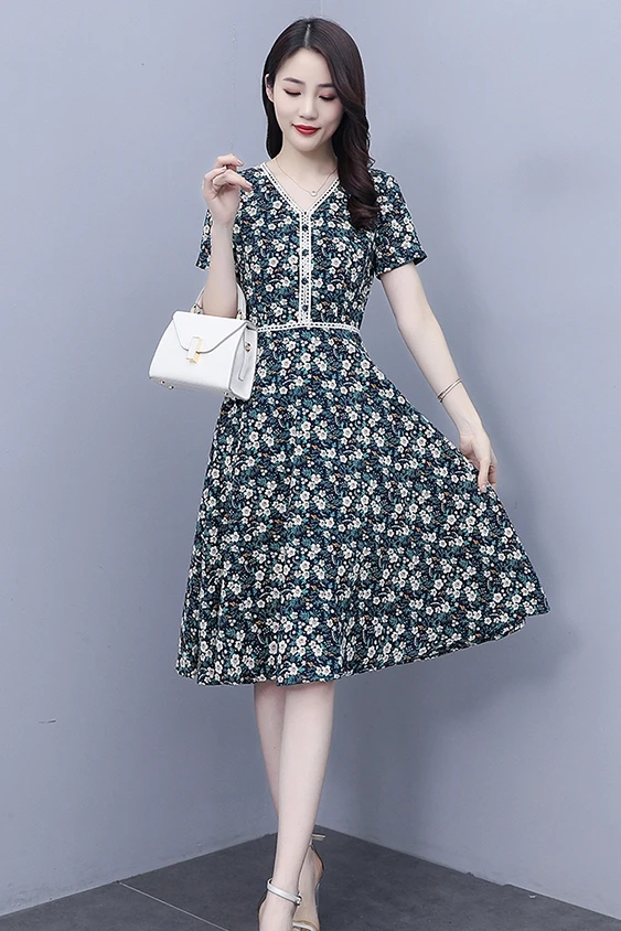 

2021 Summer Korean Style Short Sleeve Chiffon Black Floral Dress Women Lace Patchwork Elegant Print Dresses Female V-Neck