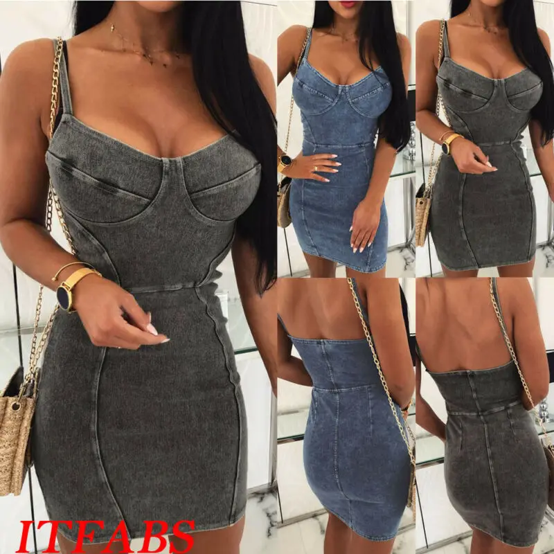 Сексуальное женское джинсовое платье на бретельках без рукавов с v-образным