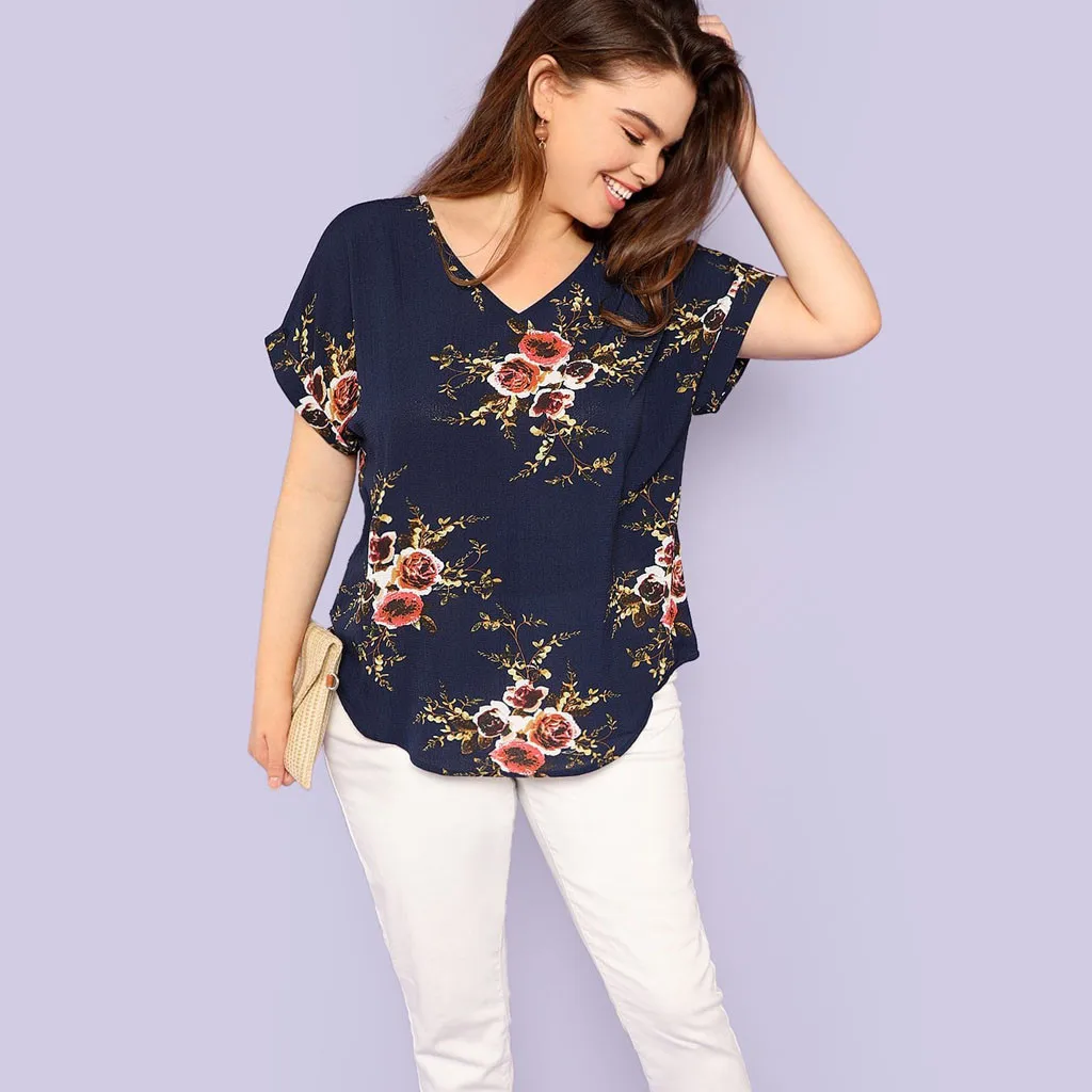 

Plus Size Fashion Women Casual Solid Blouse V-neck Short Bohemian Style Sleeve Floral Printed Vintage Appliques Printing Top
