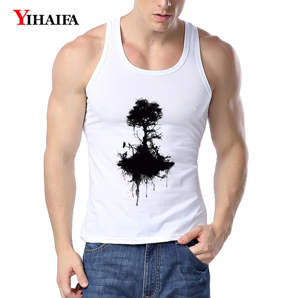 Мужская майка YIHAIFA облегающая Черная с принтом дерева для фитнеса бодибилдинга