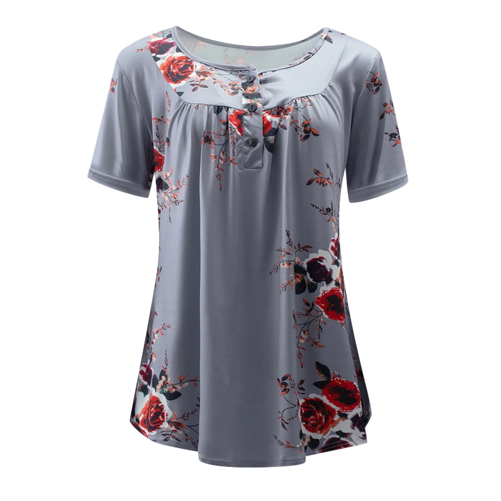 

40# Bohemian Pleated Women Blouse Casual Short Sleeve Button V Neck Loose Tunic Blouses Floral Print Tops Shirt 2021