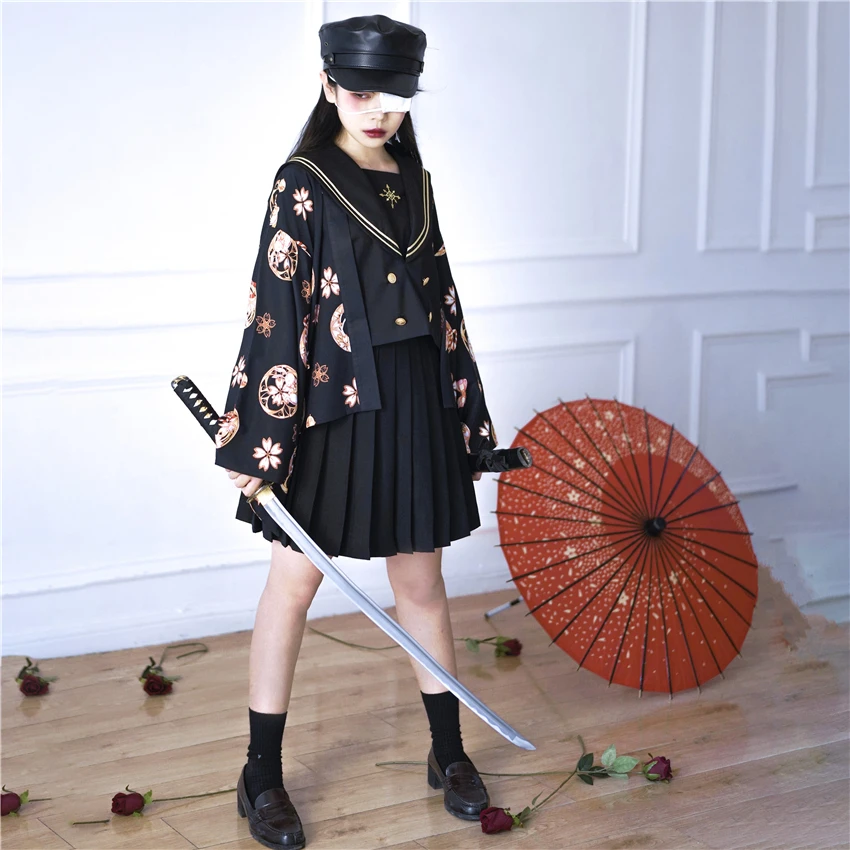 Japanese Style Haori Kimono Dress Bushido Traditional Japan Anime Cosplay School Uniform Yukata Gothic Kawaii Girls Costume