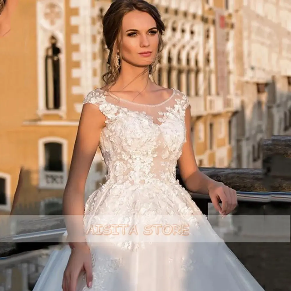 Lace Wedding Dresses 2021 Scoop Neck Sleeveless Appliques A Line Court Train Bridal Gowns Free Shipping Vestidos De Novia