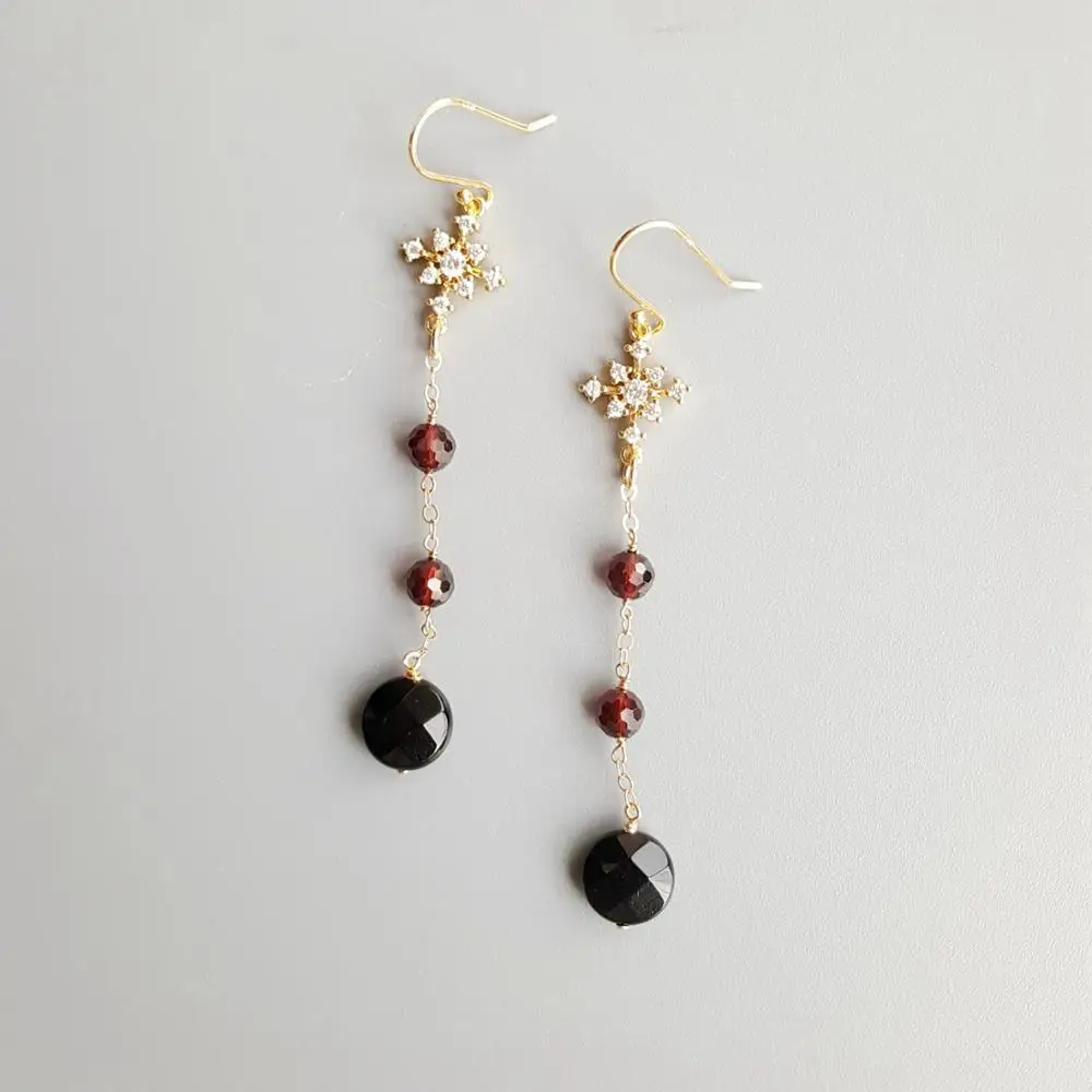 Lii Ji подлинный черный агат оникс гранат Циркон снежинка капля нежный S925 серьги