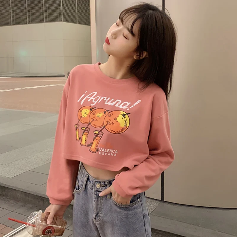

Early Autumn Short Top Women's Midriff-Baring Long Sleeve Fall Student Autumn Clothes T-shirt Outer Wear Loose Ins Trendy Super