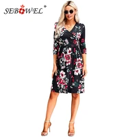 sebowel womens floral flower wrapped dress v neck three quarter sleeve knee length female dresses high waist autumn summer s xl
