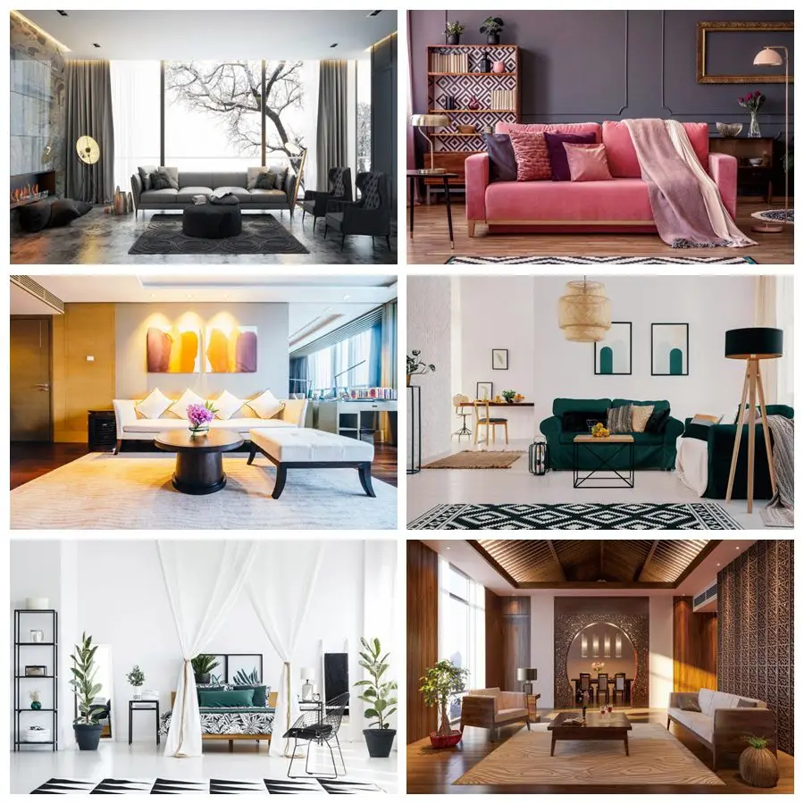 

Laeacco 3D Living Room French Window Winter Scenic Tree Photography Background Sofa Curtain Photographic Backdrops Photo Studio