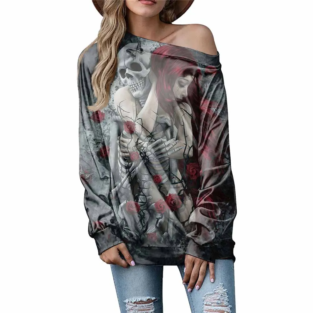 

NOISYDESIGNS Sugar Skull Print Women Sexy Boat Neck Off Shoulder T Shirt Female Casual Oversized Pullover Tops Vestidos Mujer