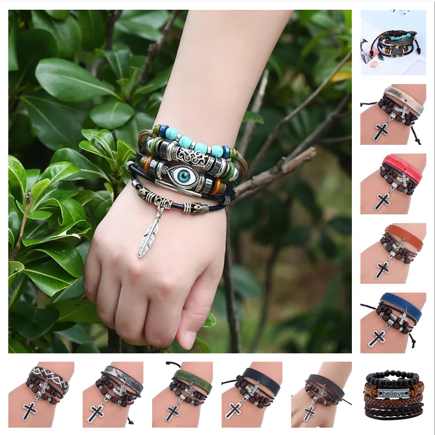 

Retro Multilayer Leather Braided Wrap Bracelet Metal Pendant Wooden Beads Bracelets Woman Men Vintage Punk Wrap Wristband Gift
