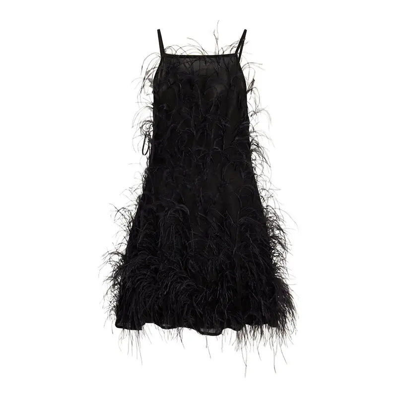 

XITAO Feather Tassel Splicing Mini Dress Summer New Solid Color Sleeveless Slash Neck Temperament Fashion Trendy Women CLL1144