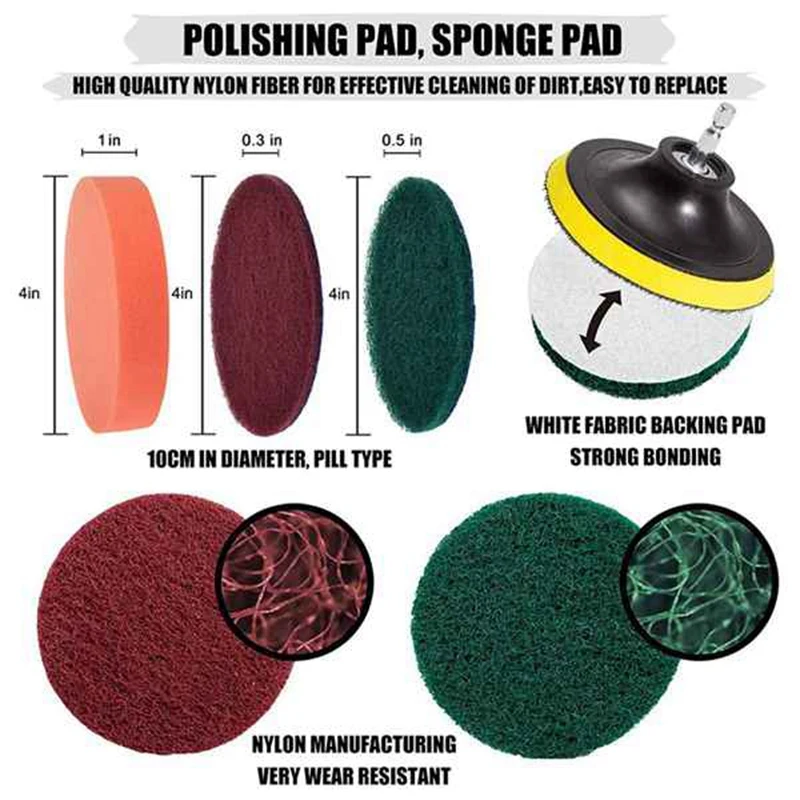 

Electric Drill Brush Scrub Pads Kit Power Scrubber Cleaning Kit Cleaning Brush Scouring Pad for Carpet Glass Car Clean
