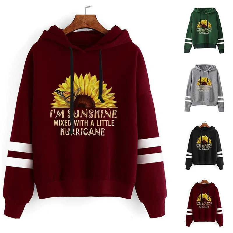 

Women Hoodie I'm Sunshine Sunflower Printed Hoodies Women Double Striped Long Sleeve Fleece Sweatshirt with Hat Girls Pullovers
