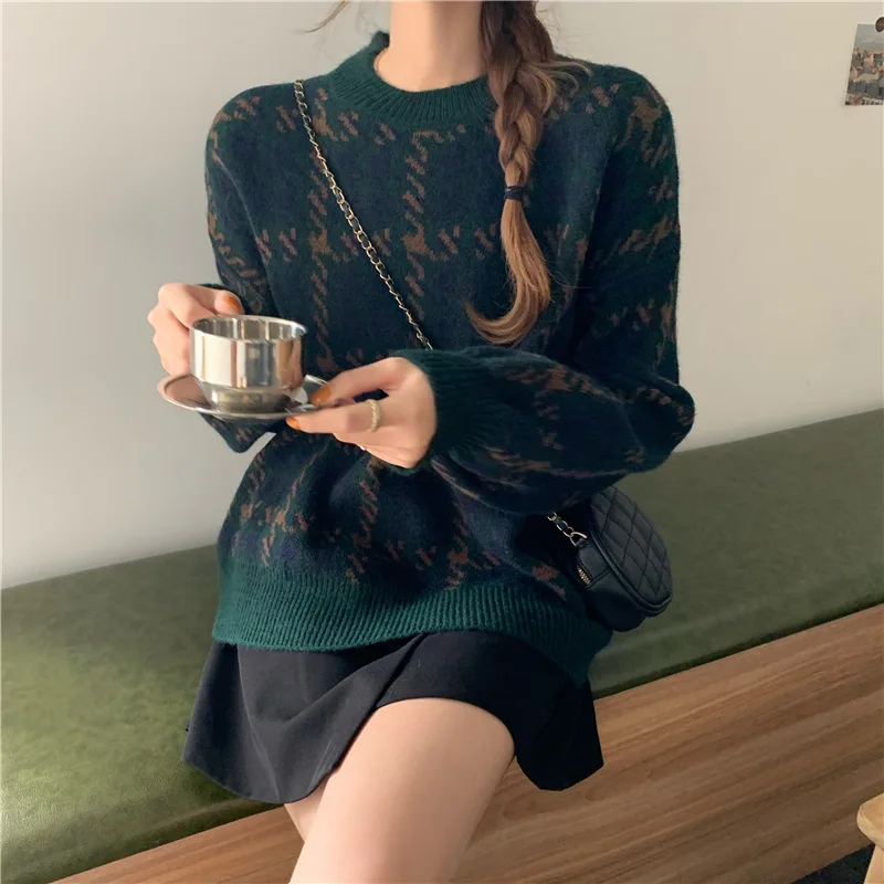 

TIGENA Vintage Houndstooth Knitted Women Sweater 2021 Autumn Winter Korean Loose Pullover Female Outwear Jumper Long Sleeve Tops