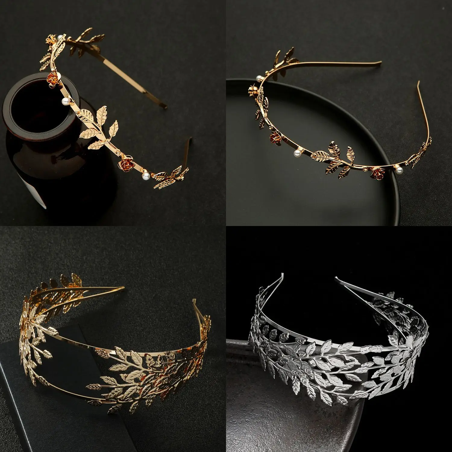 

1PC Fashion Rhinestone Tiara Princess Crown Leaf Headband Rose Flower Metal Pearl Crystal Headwear