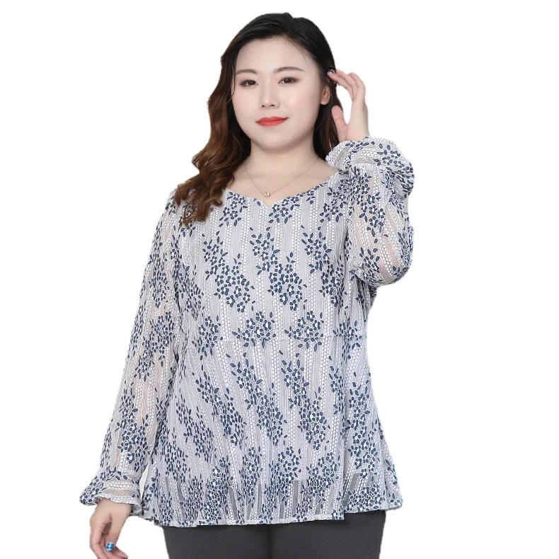 

Блузка женская оверсайз с длинным рукавом, ажурная кружевная рубашка с цветочным узором, с крючком, от 4XL до 10XL, весна-осень, T61110