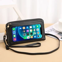 women long crossbody bag female simple touch screen wrist phone purse large capacity pure color leather ladies messenger wallet