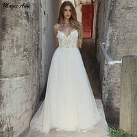 magic awn chic lace tulle boho wedding dresses appliques spaghetti straps open back simple beach a line mariage gowns robes