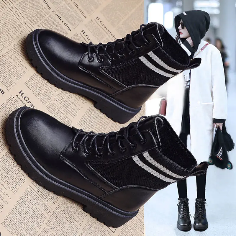 

Осень/Зима 2021, ботильоны, ботинки на толстой платформе, ботильоны, с круглым носком, на шнуровке, в Корейском стиле, черные, Прямая поставка