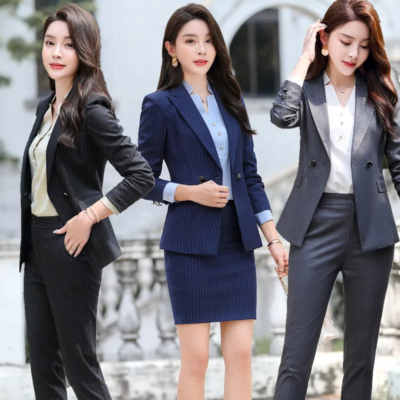 

Autumn and winter new professional women's long-sleeved striped suit pants or skirt suit Korean OL work clothes