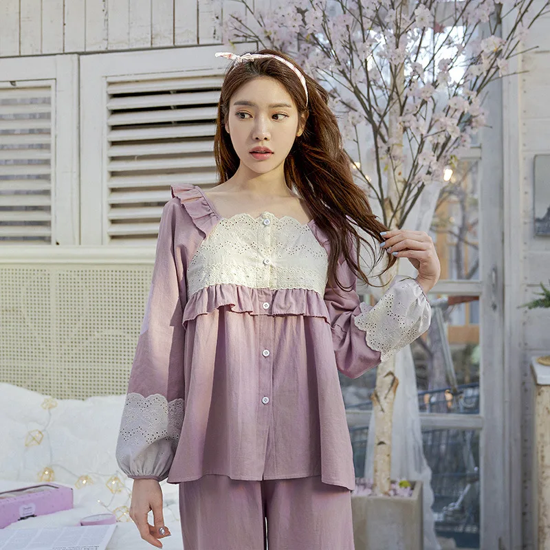 

Spring 2021 new cotton pajamas ladies long sleeves pajamas for teen girls