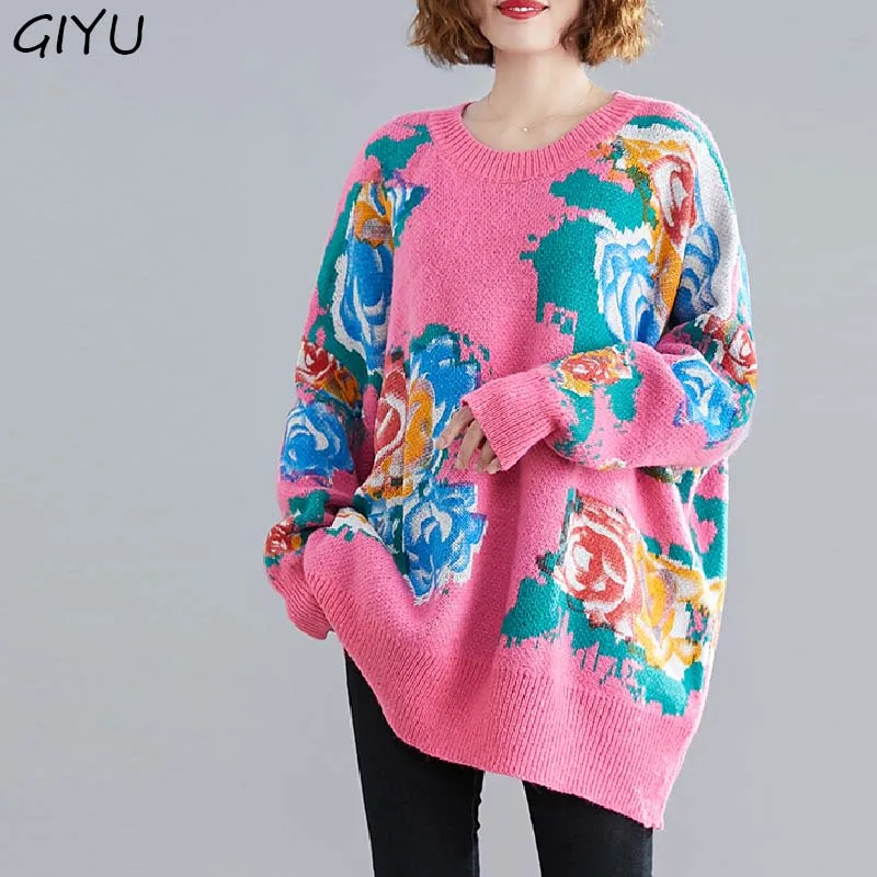 Women Vintage 2019 Winter Flower Wool Sweater Oversized Loose Lazy Style Pullover Knitted Korean Print Femme | Женская одежда