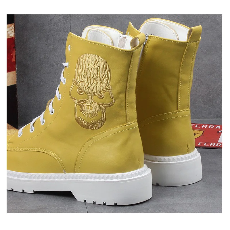 

OVXUAN Leather Long Boots men Fashion Trend Spring Fall Mens Short Boots Embroidery Skull Punk Ankle Motorcycle Boots Male Shoes