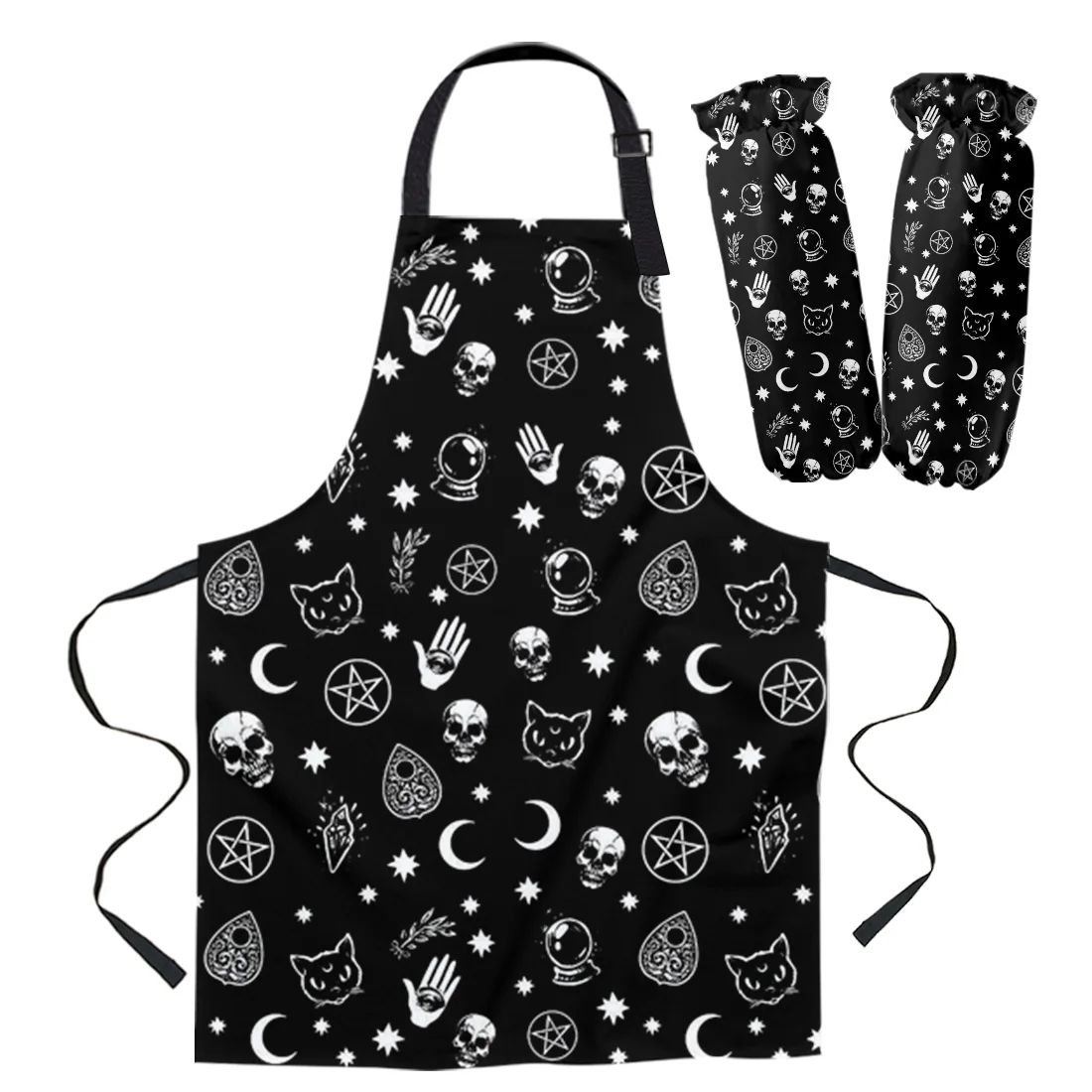 Apron Kit Black Witch Skull Moon Divination Kitchen Bib Oven Mitts for Cooking Woman Kids Aprons Cuff Baking Accessories