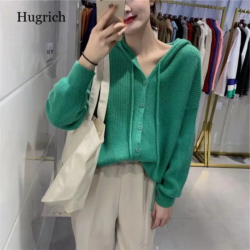 Свитер модный кардиган в Корейском стиле Женский однотонный вязаный свитер с