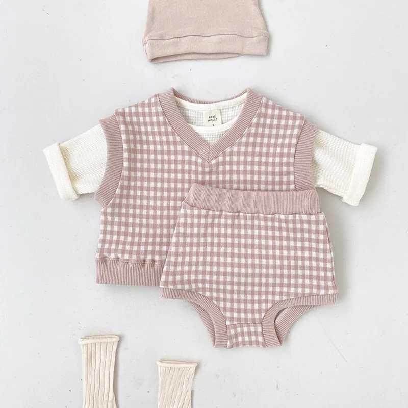 Conjunto de ropa para beb&eacute;, chaleco bonito a cuadros + Pantalones de Pp, 2 uds., traje infantil, conjunto sin mangas, trajes de Ni&ntilde;os Peque&ntilde;os 2021-2