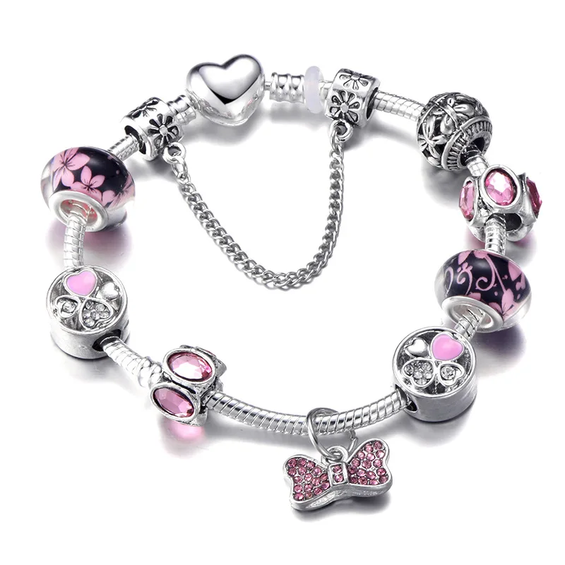 

New pandora-style DIY fashion bracelet pink bow diy beaded finished gift