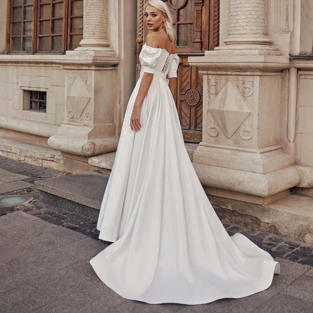 

Vestidos Elegant Wedding Dresses Jersey Pleat Sweetheart Off-Shoulder Lace Up A-Line Bridal Gowns 2021 Fashion
