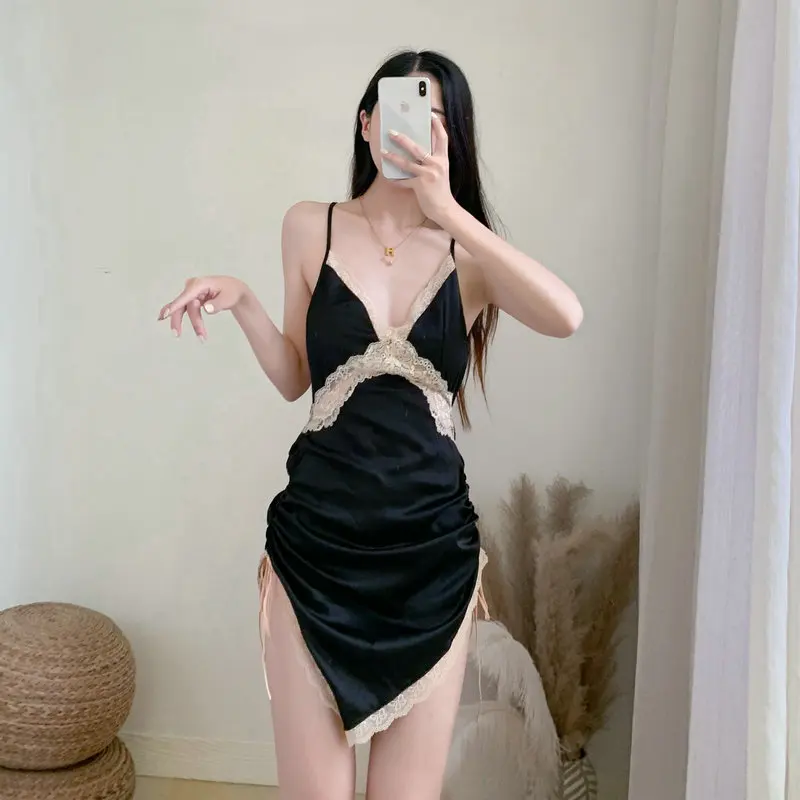 Женские сексуальные черные ночные сорочки кружевное контрастное платье с