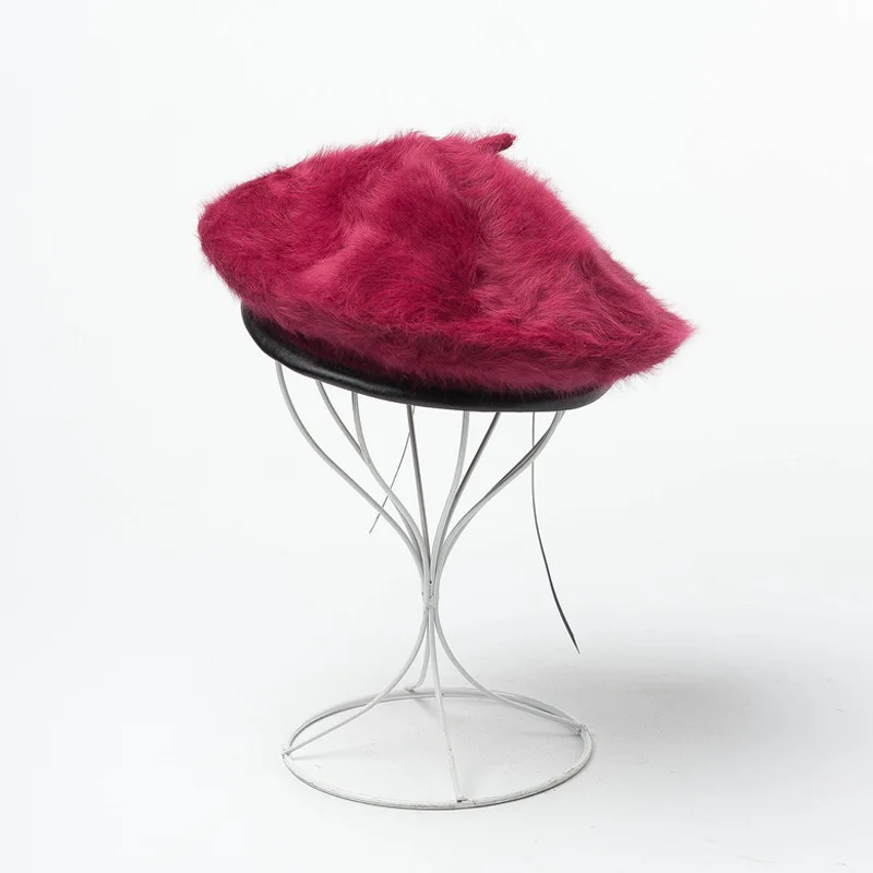 

2020 New Rabbit Fur Soft Beret Fall Winter Hats For Women Painter Cap Vintage Bonnet Warm Adjustable Ribbon Women Hat Black