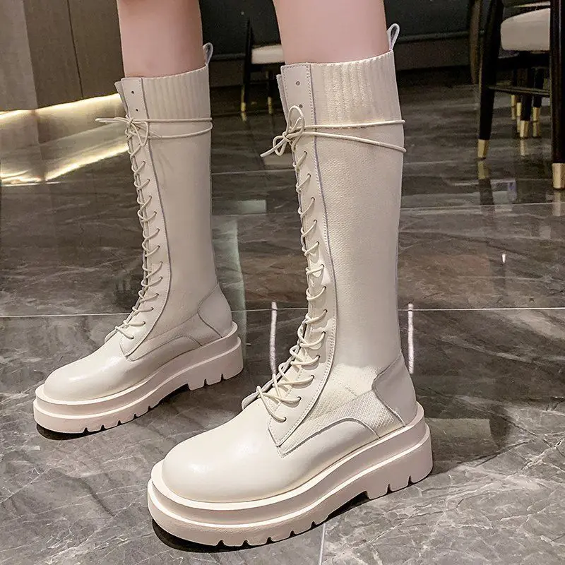 

Women Mid Calf Boots Thick Platform Lace Up Sock Shoes Female Stretch Knitted Boot Fashion Ladies Shoe Autumn Winter Size 35-40