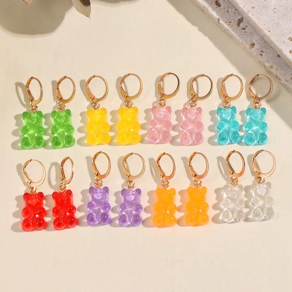 

2021 Korean New Resin Gummy Bear Drop Earring For Women Gold Silver Color Rainbow Acrylic Animal Bear Earring Friendship Jewelry
