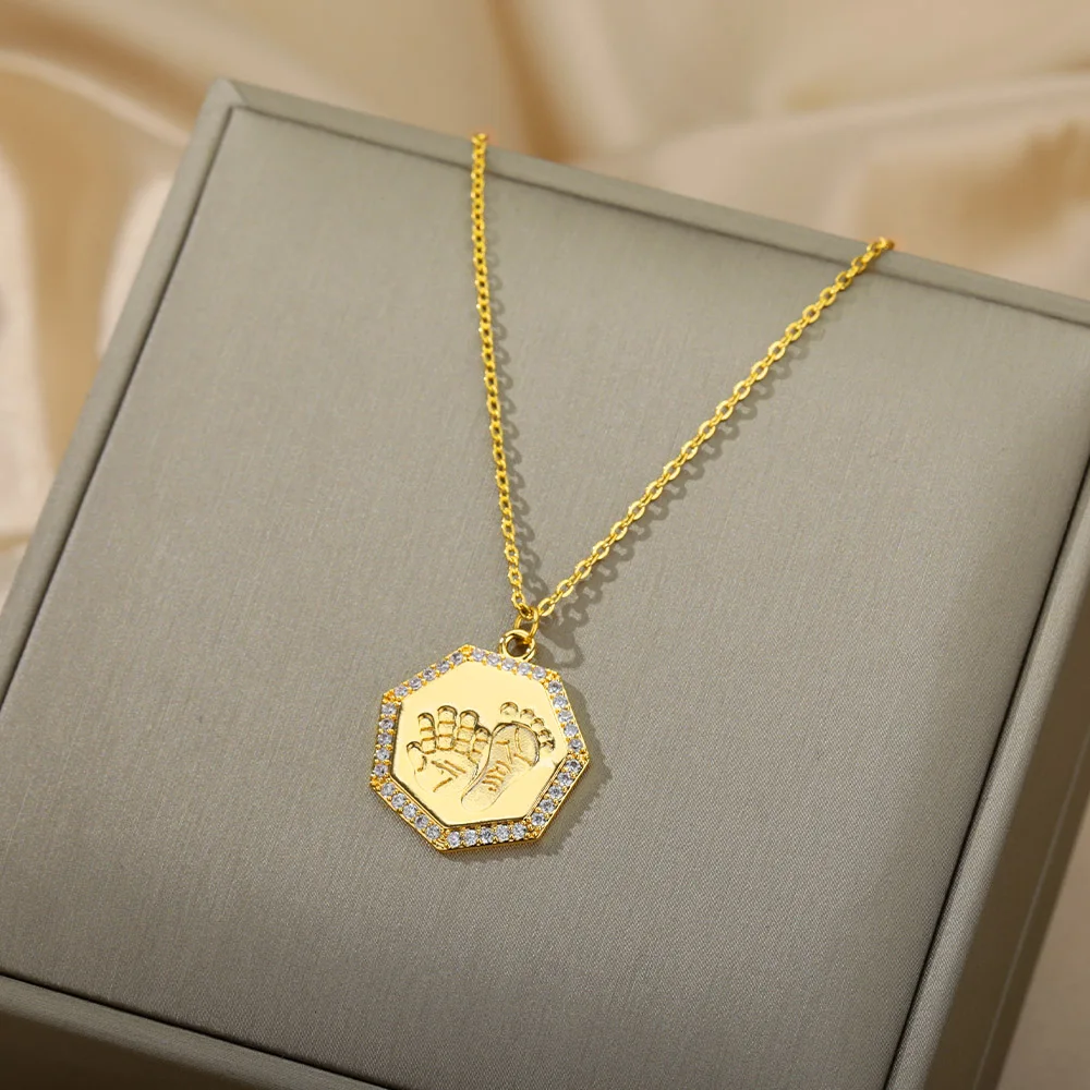 

RXSMll Zircon Hands And Feet Necklaces For Women Retro Gold Sliver Color Stainless Steel Round Pendant Neck Chain Jewelry Gifts