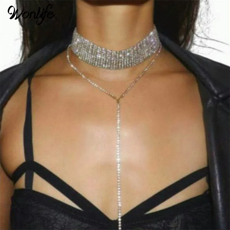 Длинное прозрачное ожерелье чокер со стразами женское с драгоценными камнями