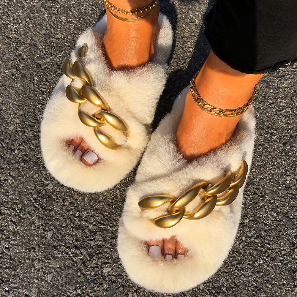 Slippers Female Crystal Furry Slides Fluffy Sandals Ladies Faux Fur Flip Flops Luxury Slippers Women Indoor House Casual Shoes