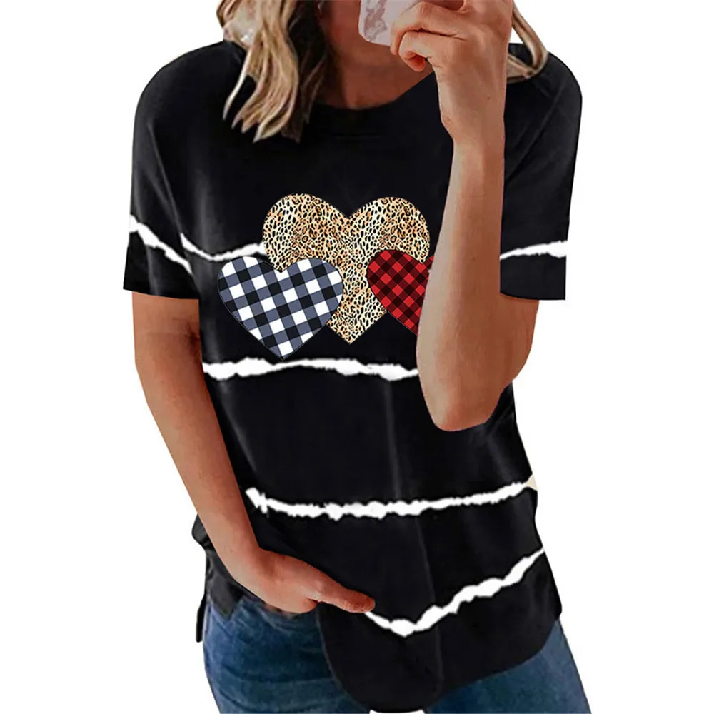 

Plaid Leopard Heart Print Striped T-Shirt Women Valentine's Day Gift Tshirt for Girlfriend Short Sleeve Valentines Love Tops Tee