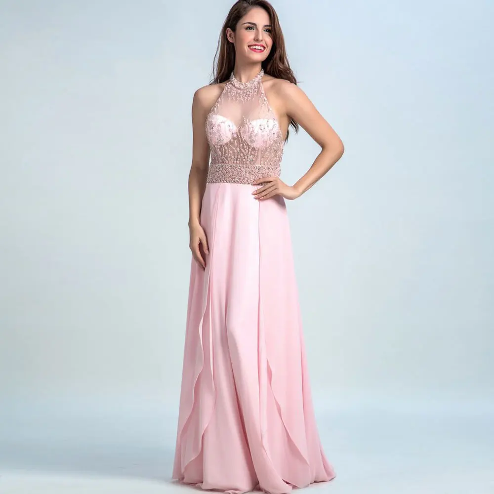 

Pink A-line Chiffon Halter Floor length Sweep/Brush Beading Applique Sleeveless Zipper Evening Dresses Layered Draped