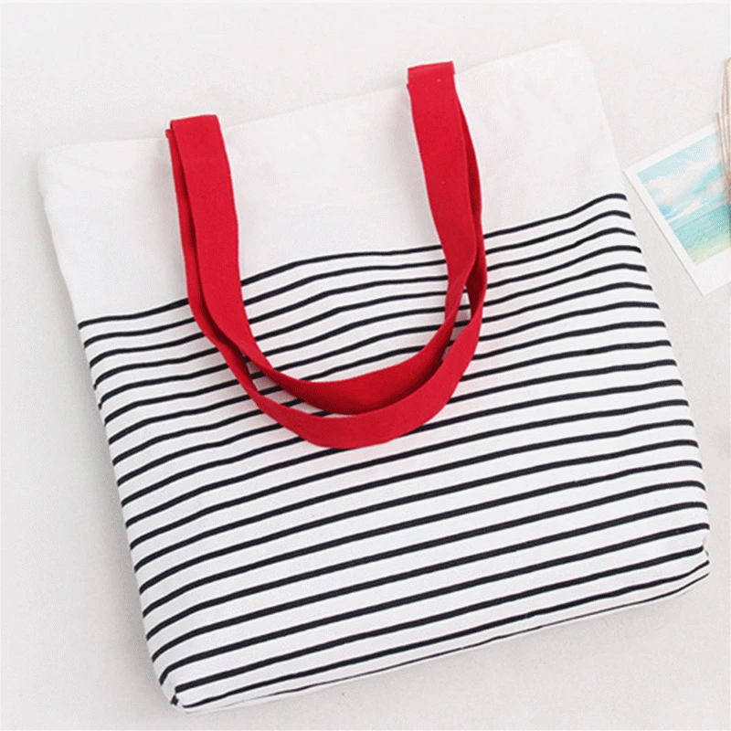 

Cotton Stripe Canvas Shopping Tote Shoulder Carrying Bag Eco Reusable Bag Zippered Small Shopping Bag