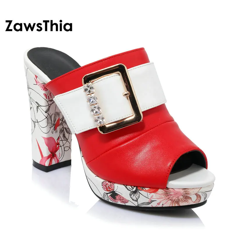 

ZawsThia 2020 summer ladies block high heels slides slippers woman PU leather crystal buckle platform mules pumps for women
