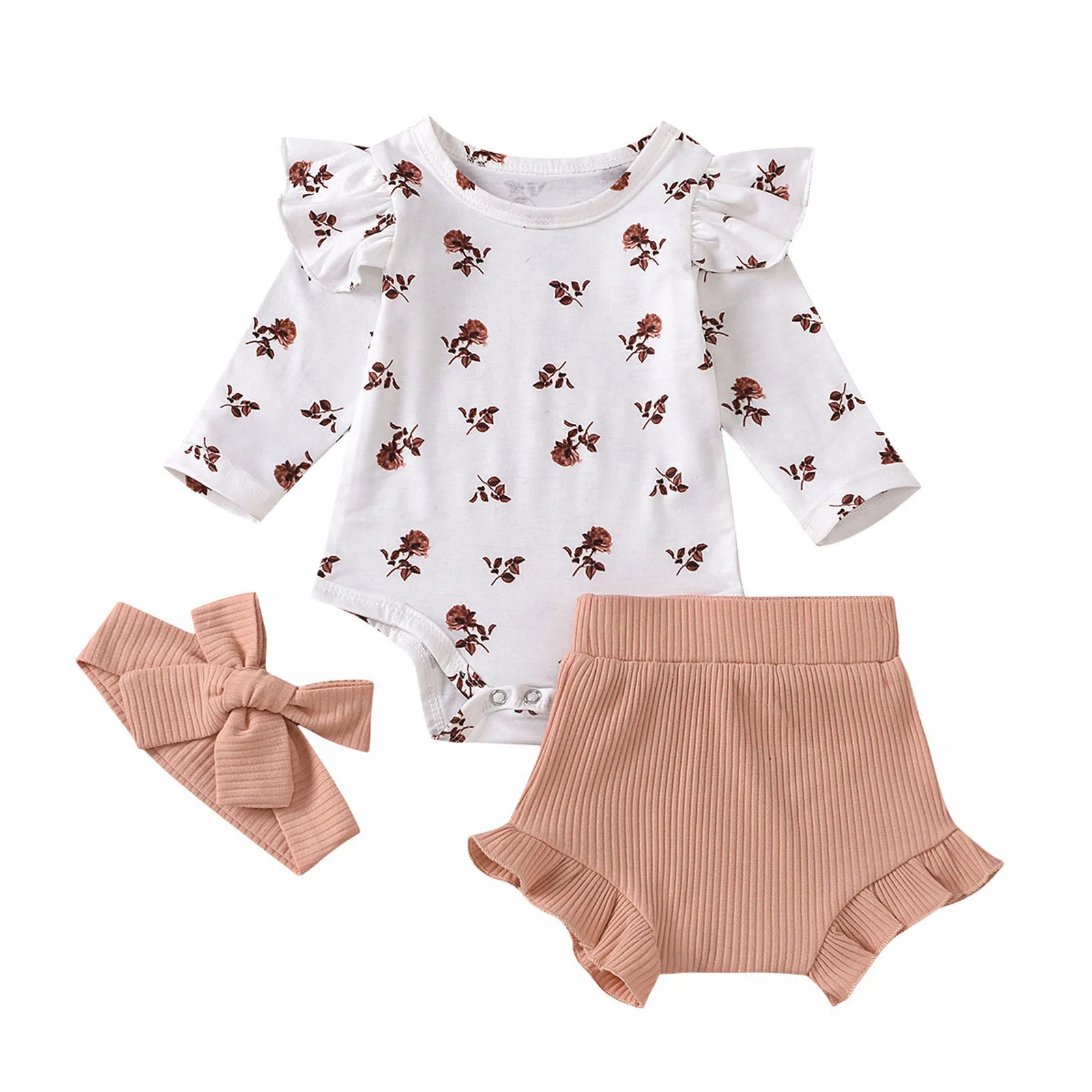 

Newborn Baby Boy And Girl Flower Round Neck Ruffled Printed Romper Top + Solid Color Short Shorts + Bow Hair Band Two-Color Suit