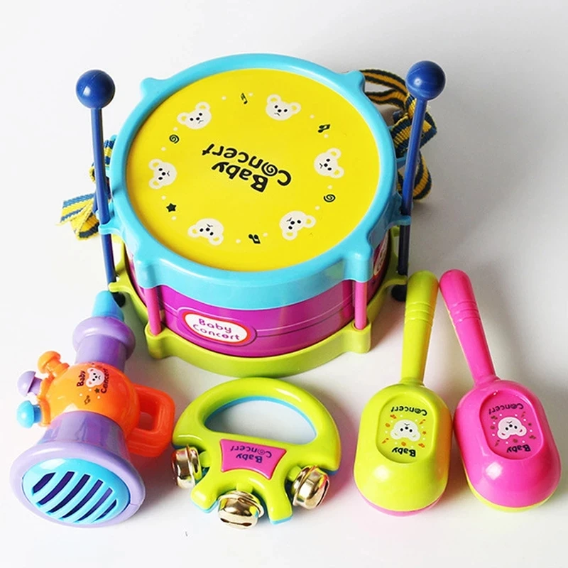 

5Pcs Children Drum Trumpet Toy Musical Instrument Kit Sand Hammers Early Educational Toys Baby Rattles Music Toy Gift For Kids