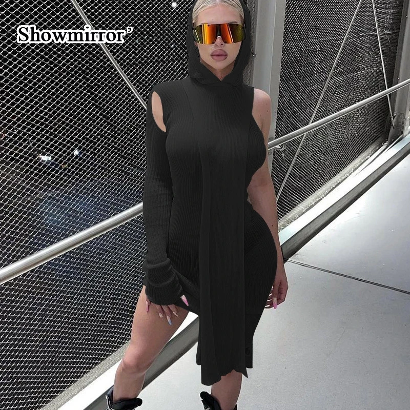 ShowmirrorSexy трикотажное платье миди прозрачные X-Long толстовки Топы осенняя одежда с